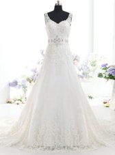 High Quality Lace Sleeveless With Train Wedding Dresses Brush Train and Beading and Lace