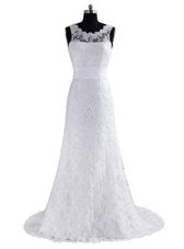 Hot Sale Scoop Brush Train Column/Sheath Wedding Gowns White Scalloped Lace Sleeveless With Train Backless