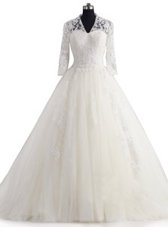 Fashion Brush Train A-line Wedding Dress White V-neck Tulle 3|4 Length Sleeve With Train Zipper