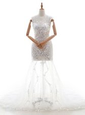 Clearance Court Train Column/Sheath Wedding Gown White V-neck Tulle Sleeveless With Train Zipper