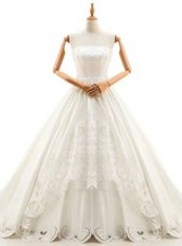 Modern White Sleeveless With Train Appliques Lace Up Wedding Gown