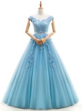 Extravagant V-neck Cap Sleeves Wedding Gown Floor Length Beading and Appliques Baby Blue Tulle