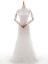 Amazing V-neck Long Sleeves Lace Wedding Gown Lace and Appliques Brush Train Lace Up