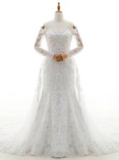 Glamorous Brush Train Column/Sheath Wedding Gowns White Off The Shoulder Lace Long Sleeves With Train Lace Up