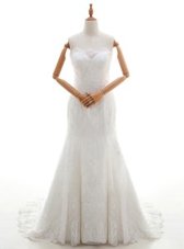 Scalloped White Mermaid Lace Wedding Gowns Lace Up Lace Sleeveless With Train