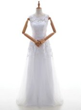 Beautiful White Column/Sheath Tulle Scoop Sleeveless Lace and Appliques With Train Lace Up Wedding Dress Brush Train