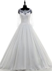 Best Selling Scalloped 3|4 Length Sleeve Brush Train Lace Zipper Bridal Gown