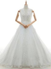 Dramatic White Ball Gowns V-neck Sleeveless Lace With Train Watteau Train Lace Up Lace and Appliques Wedding Gowns