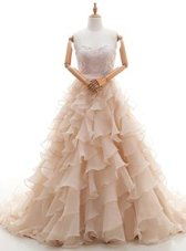 Peach Sweetheart Neckline Lace and Ruffled Layers Wedding Dresses Sleeveless Lace Up