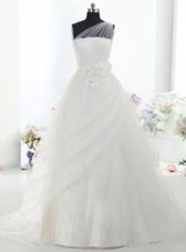 Inexpensive One Shoulder With Train White Wedding Gowns Tulle Brush Train Sleeveless Lace and Hand Made Flower