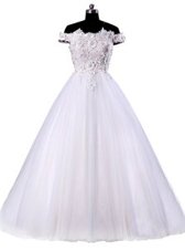 Low Price Off the Shoulder White Sleeveless Appliques Floor Length Wedding Gowns