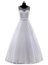 Fancy Scoop Beading and Belt Wedding Gowns White Clasp Handle Sleeveless Floor Length
