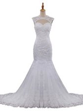 Low Price Mermaid Scoop Beading and Lace Wedding Gown White Clasp Handle Sleeveless With Brush Train