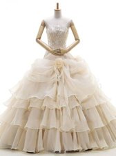 Decent Champagne Lace Up Strapless Appliques and Ruffled Layers and Pick Ups and Hand Made Flower Wedding Gown Organza Sleeveless