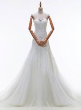 Pretty White Sleeveless With Train Beading and Lace and Appliques Lace Up Wedding Dresses