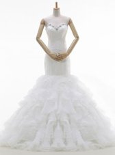 Clearance Mermaid With Train White Wedding Gowns Organza Brush Train Sleeveless Beading and Ruffles