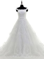 High Quality Sleeveless Sweep Train Beading and Lace and Hand Made Flower Zipper Wedding Dress