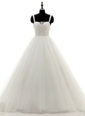 Flirting A-line Wedding Dress White Straps Tulle and Lace Sleeveless Floor Length Zipper