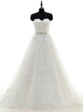 Lace White Sleeveless With Train Sashes|ribbons Zipper Wedding Dresses