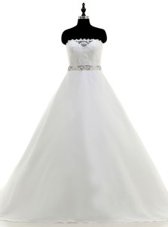 Sexy White Wedding Dress Wedding Party and For with Beading and Lace Strapless Sleeveless Sweep Train Backless