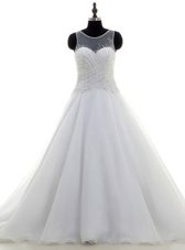 Sexy Scoop White Sleeveless With Train Beading Zipper Wedding Dress