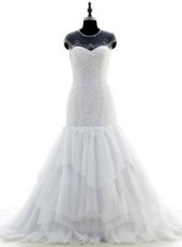Modest White Zipper Scoop Beading and Lace Wedding Gown Chiffon and Lace Short Sleeves Brush Train