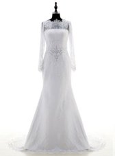 Latest Lace Long Sleeves With Train Wedding Gown Brush Train and Appliques
