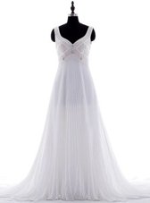Fancy With Train Zipper Wedding Gown White and In for Wedding Party with Beading and Pleated Brush Train