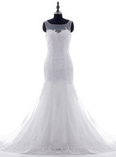 Sumptuous Mermaid Tulle Scoop Sleeveless Brush Train Lace Up Lace and Appliques Wedding Gown in White