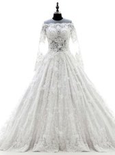 Stylish White A-line Scoop Long Sleeves Lace Court Train Zipper Appliques Wedding Dress