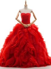 Clearance Red Bridal Gown Wedding Party and For with Ruffles and Ruching Sweetheart Sleeveless Brush Train Lace Up