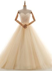 Custom Fit Champagne Sleeveless Lace Floor Length Wedding Gown