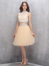 High Quality High-neck Sleeveless Prom Gown Knee Length Beading and Embroidery Champagne Tulle