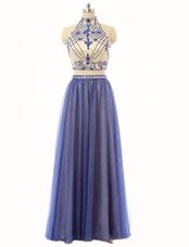 Extravagant Blue Sleeveless Tulle Zipper Evening Dress for Prom and Party