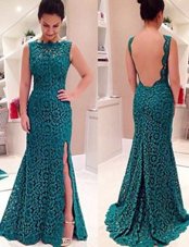 Beauteous Mermaid Backless Scalloped Lace Sleeveless Floor Length Homecoming Dress and Lace