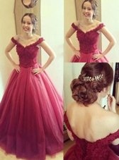 Beauteous Off The Shoulder Sleeveless Ball Gown Prom Dress Floor Length Appliques Burgundy Tulle