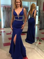 Admirable Mermaid Royal Blue V-neck Neckline Beading Prom Party Dress Sleeveless Backless