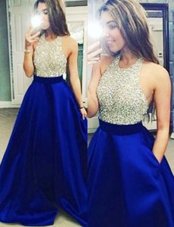 Adorable Halter Top Sleeveless Satin Floor Length Backless Dress for Prom in Royal Blue for with Beading