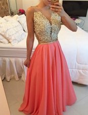 Attractive Coral Red V-neck Backless Beading and Appliques Sleeveless