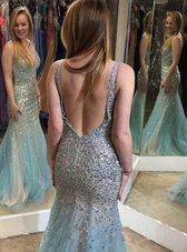 Top Selling Multi-color Mermaid Beading Prom Dresses Backless Tulle Sleeveless Floor Length