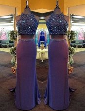 Modest Purple Criss Cross High-neck Beading Homecoming Dress Chiffon Sleeveless