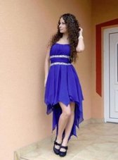 Hot Selling Royal Blue A-line Strapless Sleeveless Chiffon High Low Zipper Beading Cocktail Dresses