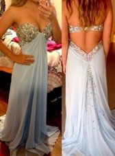 Top Selling Backless Sweetheart Sleeveless Prom Evening Gown Brush Train Beading Blue Chiffon