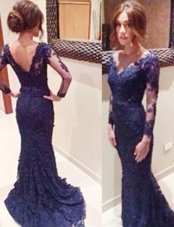 Elegant Mermaid Long Sleeves Backless Dress for Prom Royal Blue and In for Prom and Party with Lace Court Train