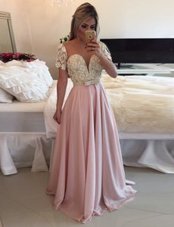 Fantastic Pink Chiffon Zipper Scoop Short Sleeves Floor Length Prom Dresses Beading and Lace