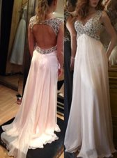 Graceful Backless Prom Evening Gown Pink and In for Prom and Party with Ruching Brush Train