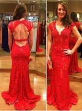 Superior Mermaid Red Backless Evening Dress Lace Cap Sleeves With Train Court Train