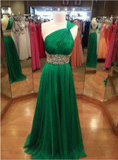Enchanting One Shoulder Sleeveless Brush Train Backless With Train Beading Dress for Prom