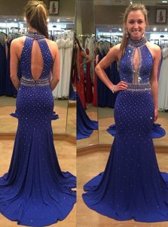 Beauteous Sequins With Train Mermaid Sleeveless Royal Blue Prom Evening Gown Court Train Backless