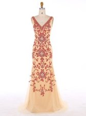 Simple Mermaid With Train Zipper Prom Dress Champagne and In for Prom and Party with Beading and Embroidery Sweep Train